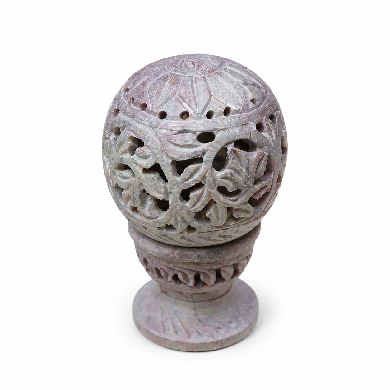 Hand-Carved Soapstone Incense & Candle Globe Lantern – Floral Motif